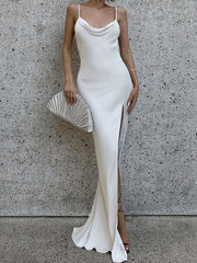 Slim Fit Open Back Side Slit Suspender Dress