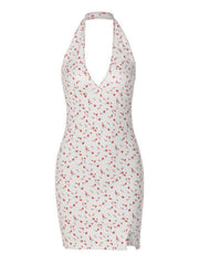 Bedrucktes, rückenfreies, schmales Wickelkleid mit V-Ausschnitt und Hüfte