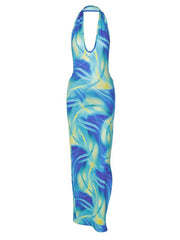 Printed Halter Backless Split Dress