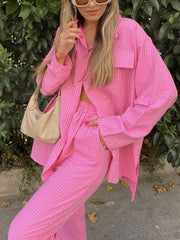 Lapel Long Sleeve Shirt High Waist Skinny Pants Casual Two Piece Set