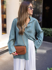 Camisa de manga larga con solapa de color liso para mujer