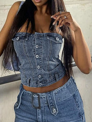 Denim Bra Top Belt Skirt Suit