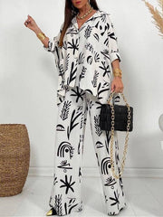 Oversized Printed Lapel Doll Sleeve Shirt High Waist Wide Leg Pants Two Piece