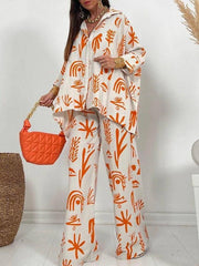 Oversized Printed Lapel Doll Sleeve Shirt High Waist Wide Leg Pants Two Piece