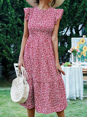 Vestido floral azul de cintura alta