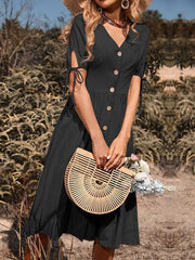 Short Sleeve V-neck Cotton Linen Dress