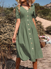 Short Sleeve V-neck Cotton Linen Dress