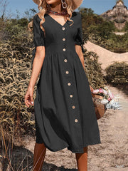 Short Sleeve V-neck Cotton Linen Dress