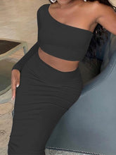 One Shoulder Open Navel Top Slim Wrap Hip Skirt Two Piece Set