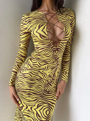 Printed Cut-out Long Sleeve Slim Fit Dress