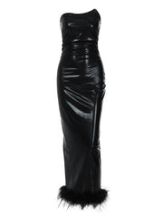 Faux Leather Strapless Fitted Frayed Slit Dress