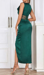 Thigh Slit Lace Midi Dress in Turquoise