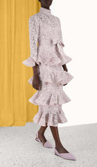 TIERed Floral-EmbroideRed Lace Midi Dress