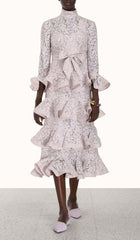 TIERed Floral-EmbroideRed Lace Midi Dress