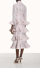 TIERed Floral-EmbroideRed Lace Midi Dress