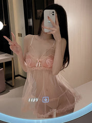 Netz-Pyjama mit Herzstickerei