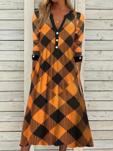 Plaid V-Neck Button Pocket Long Sleeve Dress