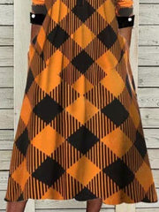 Vestido de manga larga con bolsillos y botones y cuello en V a cuadros