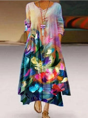 Lockeres Kleid mit bedruckten Knöpfen und langen Ärmeln