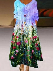 Lockeres Kleid mit bedruckten Knöpfen und langen Ärmeln