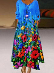 Lockeres Kleid mit bedruckten Knöpfen und langen Ärmeln