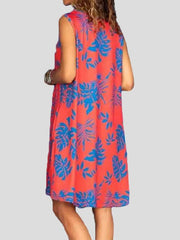 Vestido casual sin mangas con cuello redondo y bolsillos estampados