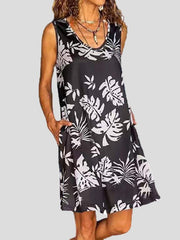 Vestido casual sin mangas con cuello redondo y bolsillos estampados