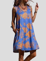 Vestido casual sin mangas con cuello redondo y bolsillos estampados