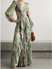 Bedrucktes Kleid mit tiefem V-Ausschnitt und hohlen Laternenärmeln