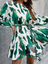 Printed Green High Waist Long Sleeve Dress