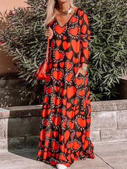 Vestido estampado de manga larga con cuello en V y bolsillos