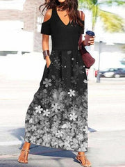 Bedrucktes, schulterfreies Kurzarmkleid