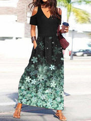 Bedrucktes, schulterfreies Kurzarmkleid