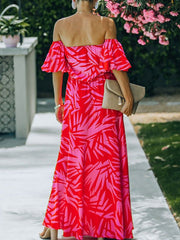 Vestido largo estampado con cuello de una sola palabra