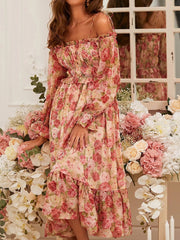 Vestido lencero de manga larga con volantes y paneles estampados