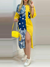 Printed Pocket Buttoned Long Sleeve Split Dress