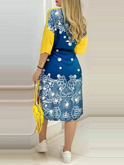 Vestido dividido de manga larga con botones y bolsillo estampado