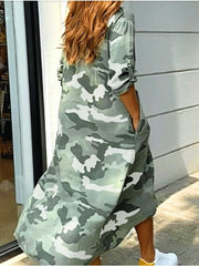 Vestido camisero de manga larga con bolsillo estampado