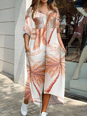 Vestido camisero de manga larga con bolsillo estampado