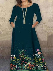 Vestido estampado de manga larga con cuello redondo y bolsillos