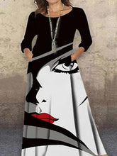 Printed Round Neck Pocket Long Sleeve Dress