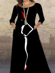 Vestido estampado de manga larga con cuello redondo y bolsillos