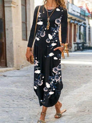 Vestido estampado de manga larga con cuello redondo y bolsillos