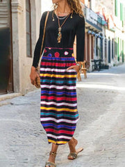 Vestido estampado de manga larga con cuello redondo y bolsillos