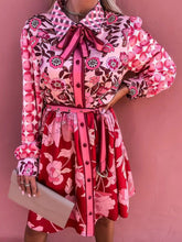 Printed Shirt Collar Panel Lace-Up Dress