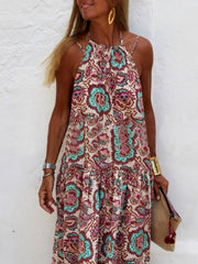 Bedrucktes ärmelloses Sling-Swing-Kleid mit V-Ausschnitt