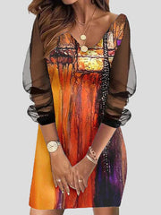 Vestido de manga larga de malla con estampado ajustado