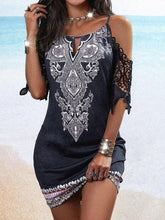 Printed Strap Off Shoulder Lace Sleeve Casual Dress