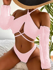 Traje de baño de bikini estilo halter de manga larga con mangas divididas