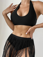 Traje de baño de bikini sexy con flecos y escote de color sólido